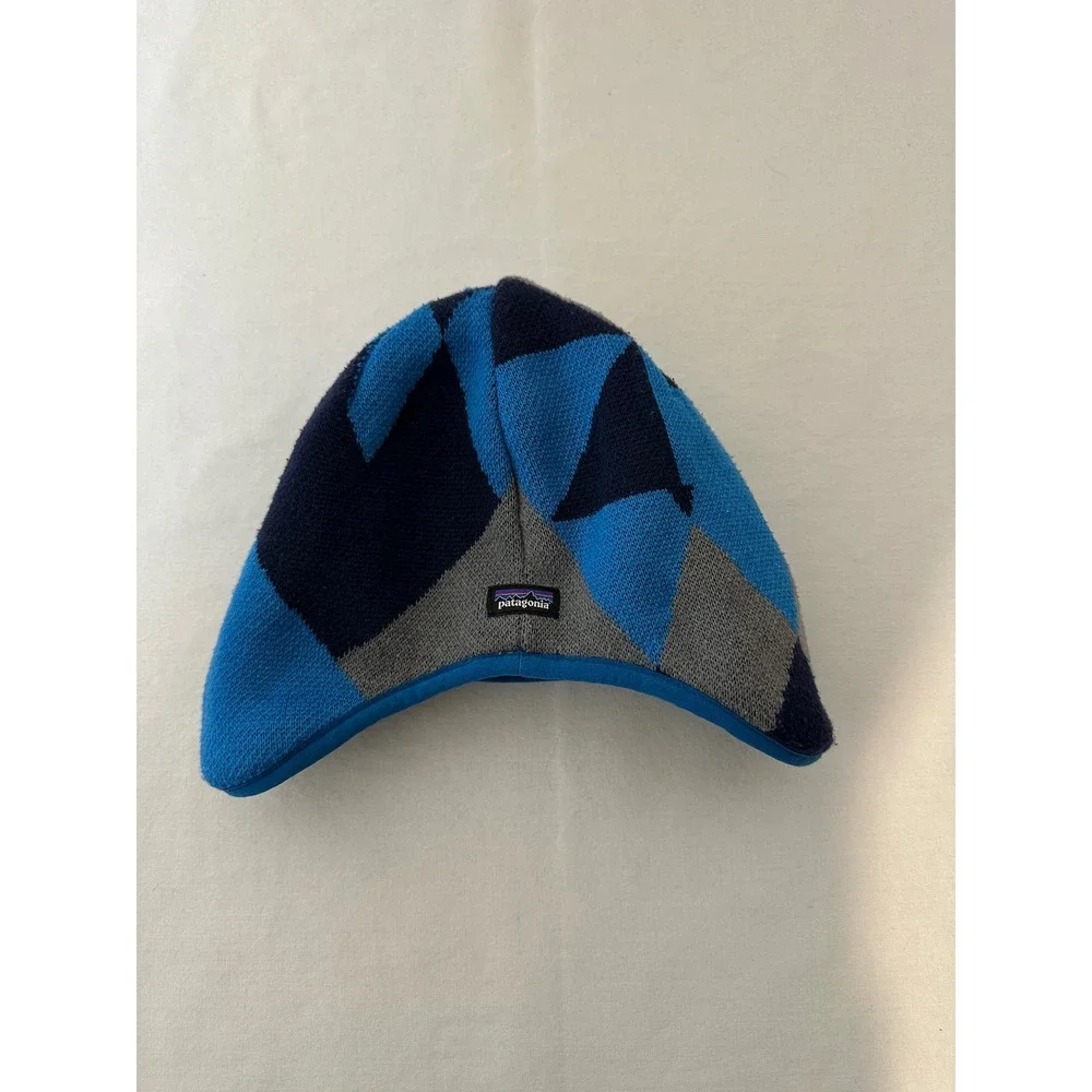 Patagonia Kids Reversible Beanie Blue Geometric Fleece Earflap Hat 60595